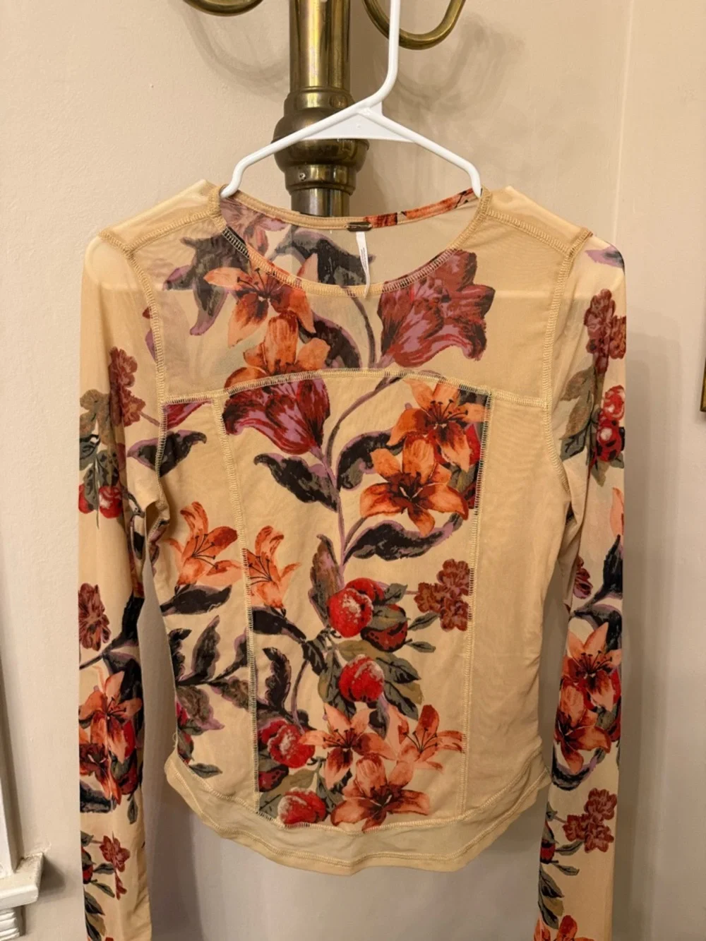 Free People Beige Floral Long Sleeve Crewneck Top with Orange & Purple Blooms - Picture 1 of 3